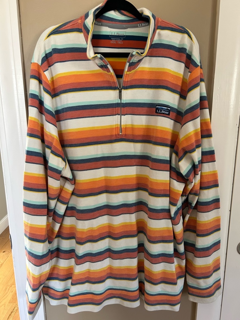 L.L. Bean Striped Quarter Zip in Teal, Orange, Navy, Cream